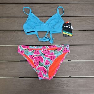 TYR Women's Solid Blue Triangle Top W/watermelon Bikini Bottom Sz S NEW Sample